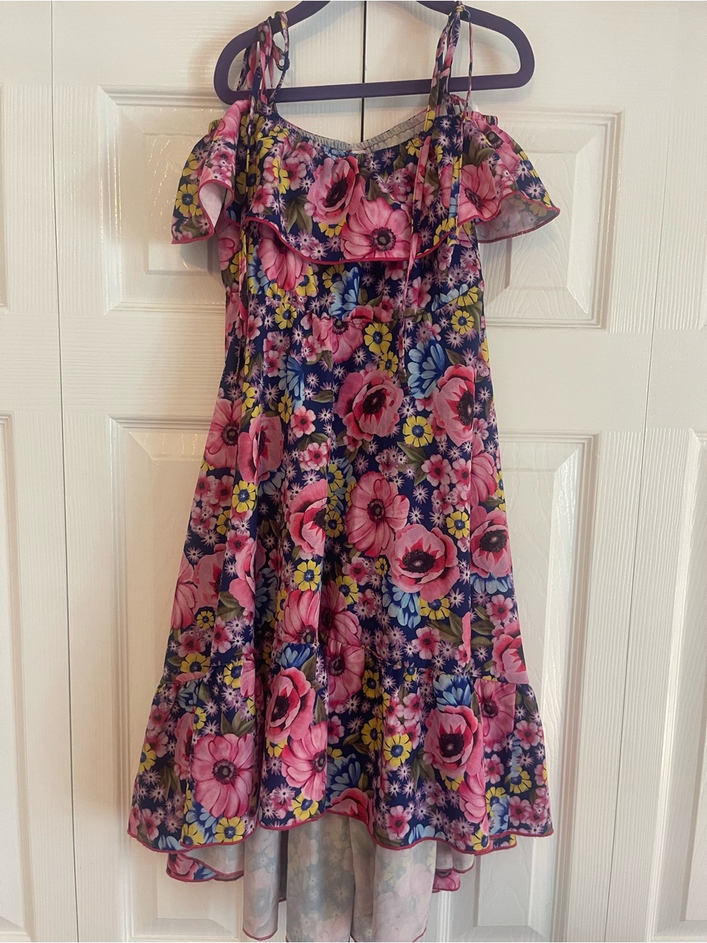Girls Pink Floral Summer Dress with Ruffle Shoulders